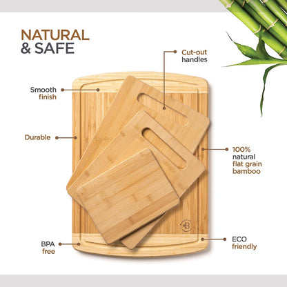 Bamboo Cutting Board Set for Kitchen - 3 Piece Reversible Wooden Cutting Boards, Wood Chopping Boards for Meat, Bread, Fruit, Cheese, Meal Prep, Wood Board and Charcuterie Serving Boards by Bambusi