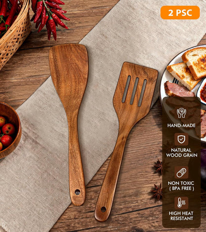 Wooden Spatula, Acacia Solid & Slotted Turner Spatula Set, Long Handle Flat Frying Spatulas, Ideal Kitchen Gift for Mother and Grandma, Kitchen Utensils Set for Cooking, Frying, Baking
