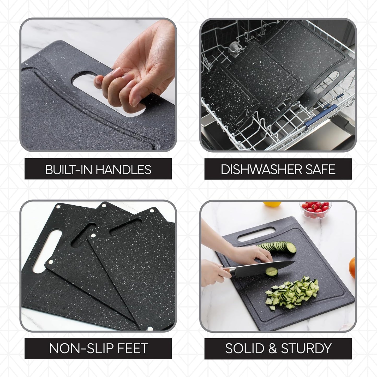 COOK WITH COLOR Non-Slip Cutting Board Set – Kitchen Essentials with Easy Grip Handle for Meat, Veggies, and Fruits, 3 Cutting Boards, Speckled White