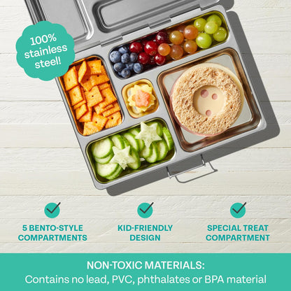 PlanetBox Rover Stainless Steel Bento Box Style Lunch Box Kit for Kids with 5 Compartments – Space Animals Edition includes Insulated Lunch Bag, Leakproof Food Containers and Matching Magnets