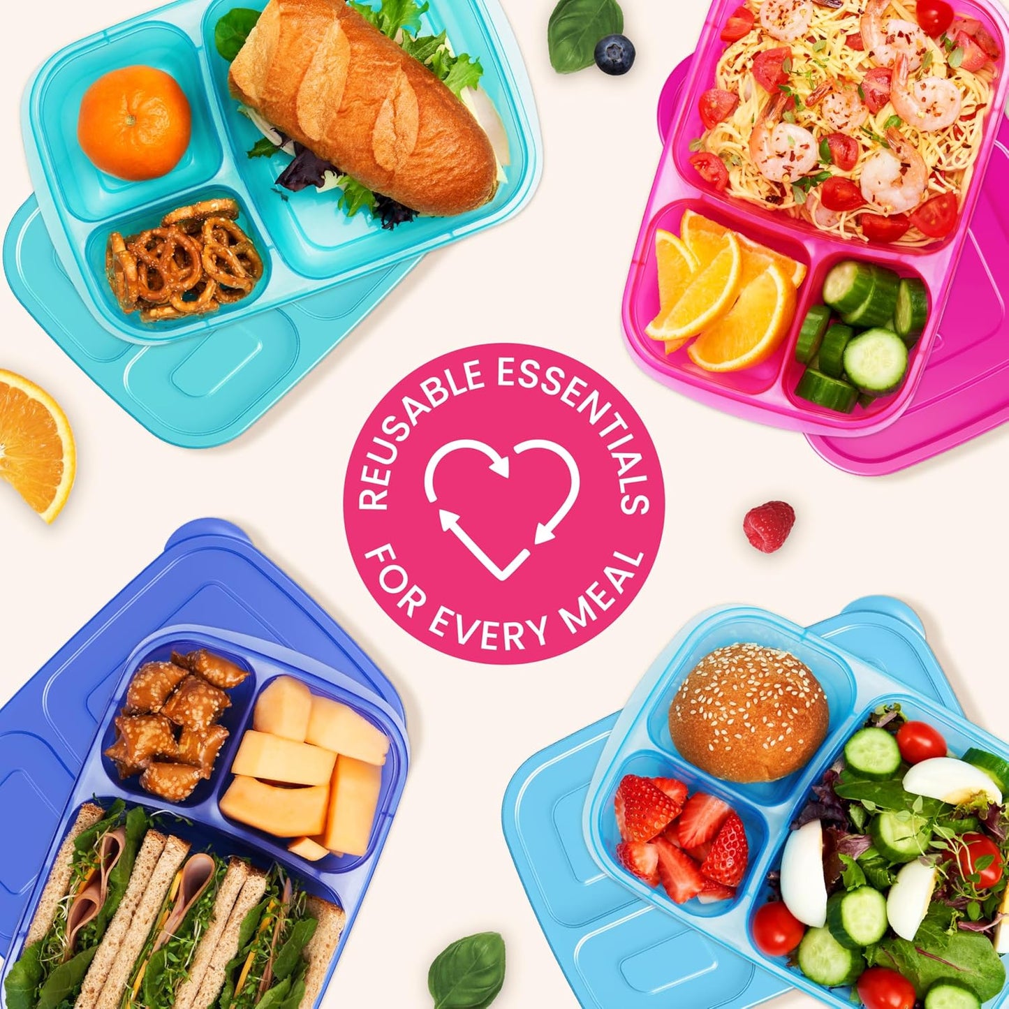 Bentgo Easyboxes - Original Stackable Lunch Boxes - Reusable 3-Compartment Food Containers for Kids and Adults - Bento Lunch Box for Meal Prep, School, & Work - BPA Free, Set of 4 (Earth Tones)