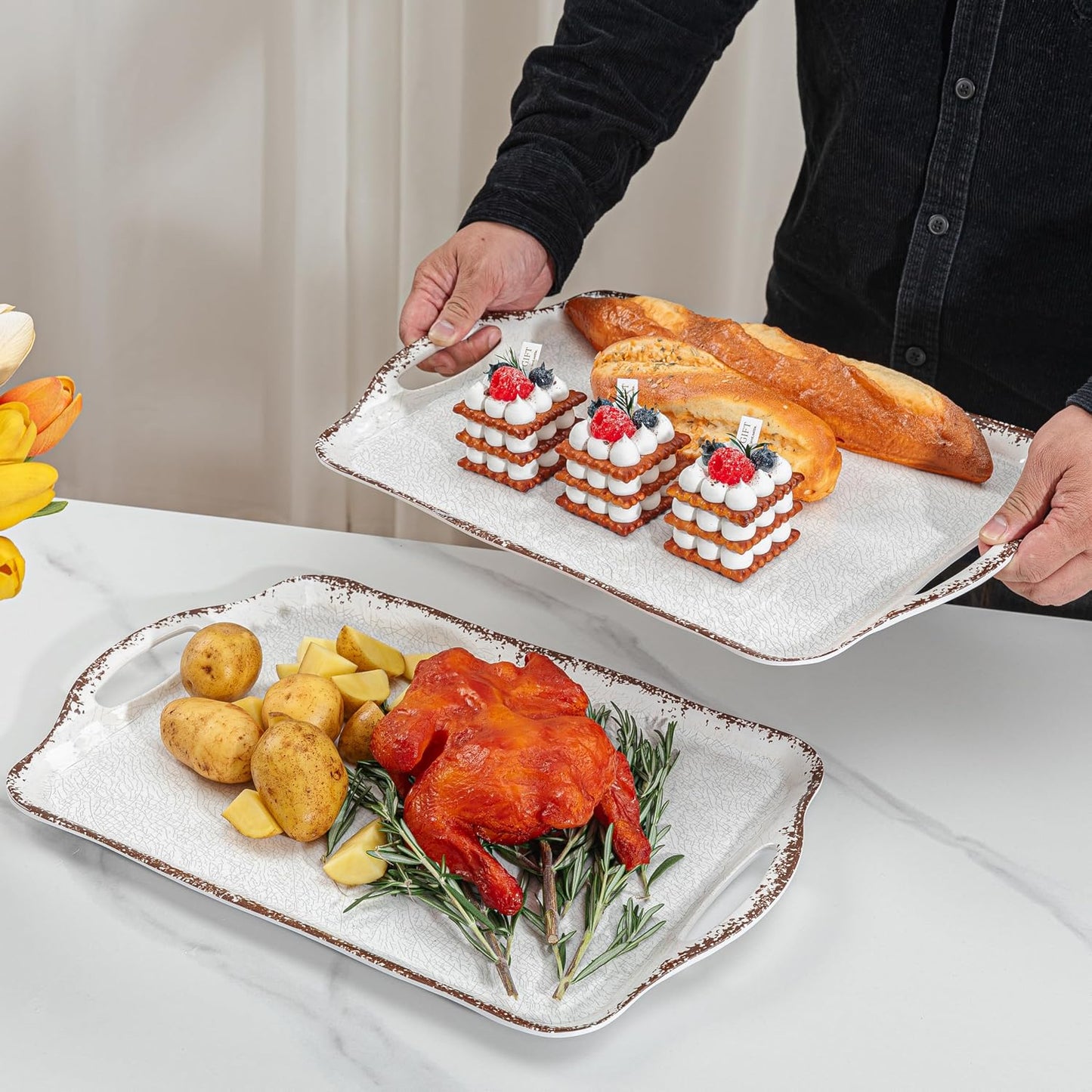 LEHAHA Grilling Prep Trays, Melamine BBQ Prep and Serving Platters and Tray for Outdoor Entertaining, Large Food Serving Trays, Set of 2, 17.2" x 10.5",Great for Grilling Lovers,Black and Red