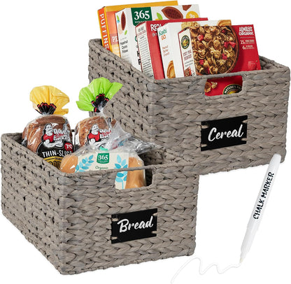 Best Choice Products Set of 4 9x12in Water Hyacinth Pantry Baskets, Woven Organizers w/Chalkboard Label, Chalk Marker - Natural