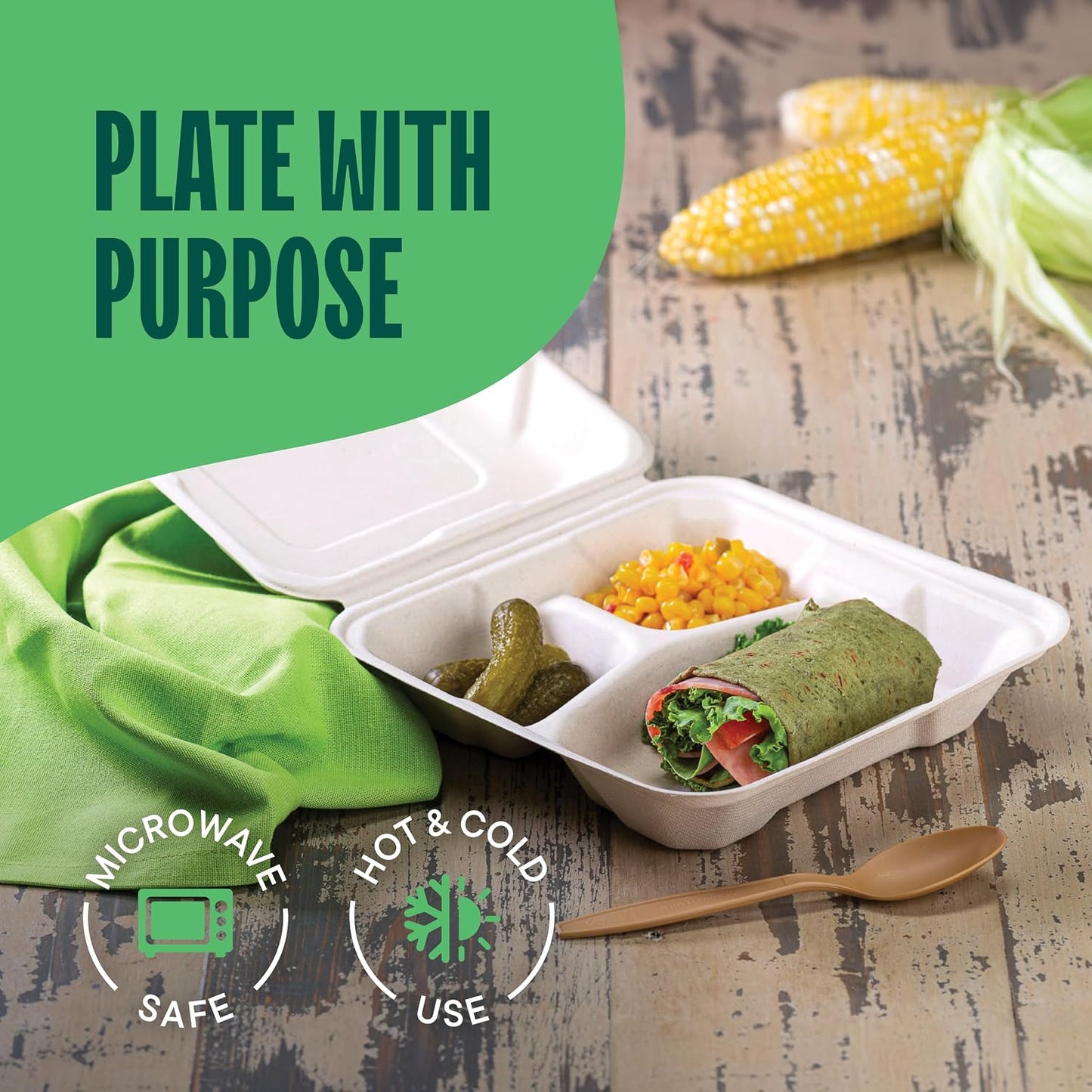 Eco-Friendly Meal Prep Containers 3 Compartment [50-Pack 8x8x3"] Disposable to go Clamshell Food Containers Secure Snap Hinged Lid, Microwave Safe Take Out Lunch Boxes, Made from Renewable Materials