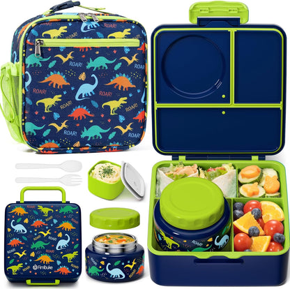 Fimibuke Kids Bento Lunch Box with Thermo, Leakproof Toddler Bento Box with 8.5OZ Insulated Food Jar, Lunch Bag & Utensils BPA Free Dishwasher Safe 3 or 4 Compartment Container for School Girls Boys