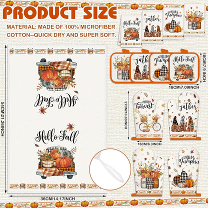SiliFine 12 Pcs Fall Pumpkin Kitchen Towels Oven Mitts Pot Holders Set