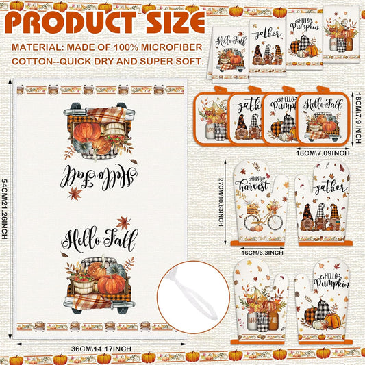 SiliFine 12 Pcs Fall Pumpkin Kitchen Towels Oven Mitts Pot Holders Set