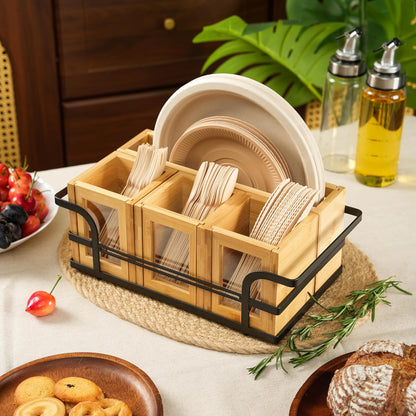 Silverware Caddy Wood Utensil Holder Cutlery Flatware Paper Plate Dispenser Organizer for Spoons Forks Plates Napkins (Acrylic)