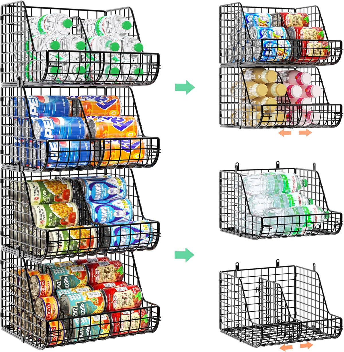 Stacking Can Dispensers 3 Tier with 3 Divider, Large Pantry Can Organizer, Beverage Drink Pop Soda Can Storage Basket, Can Holders for Pantry, Canned Food Rack Wire Bins for Kitchen Cabinet (3-Pack)