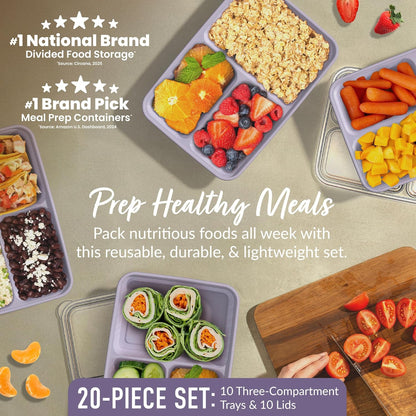 Bentgo Prep - 20-Piece 3-Compartment Reusable Meal Prep Containers with Lids, PFAS & BPA Free Materials, Durable, Microwave, Freezer, & Dishwasher Safe To Go Food Storage (Stone Gray)