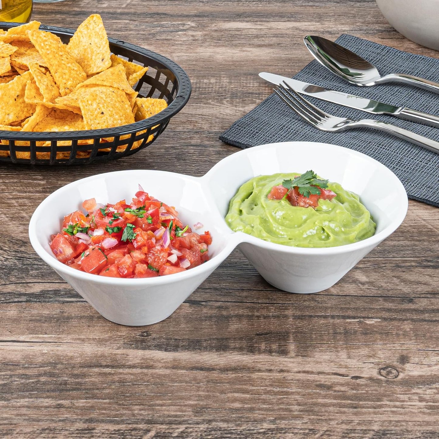 Restaurantware-9.1 x 4.9 x 2.3 Inch Double Dip Bowls, 1 Microwavable Condiment Server - 2 Compartments, Microwavable, White Porcelain Dip Tray, Dishwashable, For Snacks, Condiments, Or Toppings