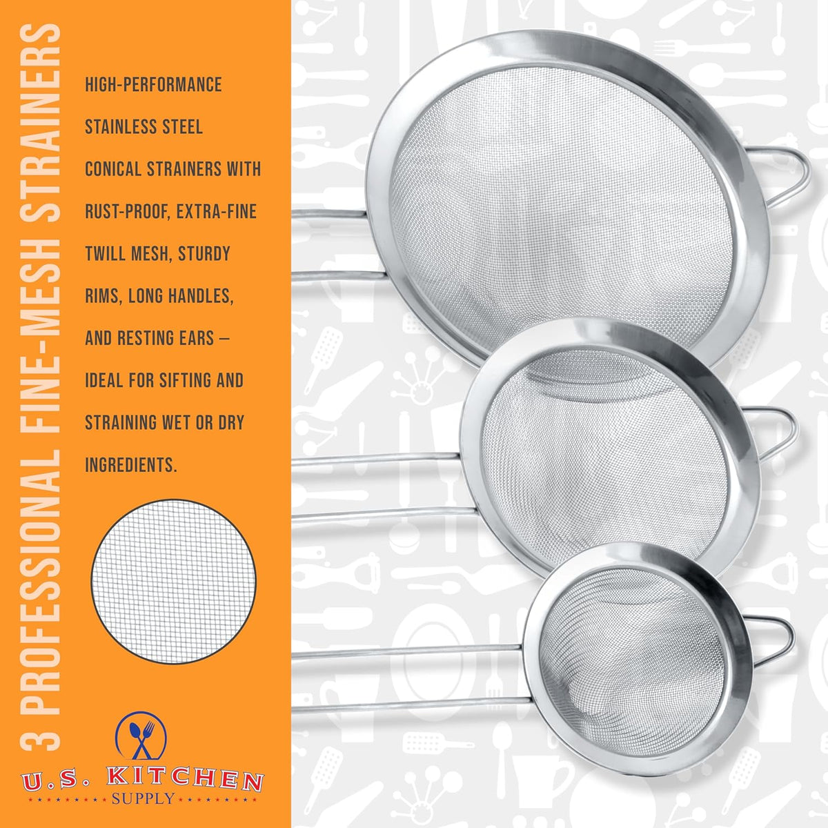 U.S. Kitchen Supply Set of 3 Stainless Steel Conical Strainers 3", 4", 5.5"