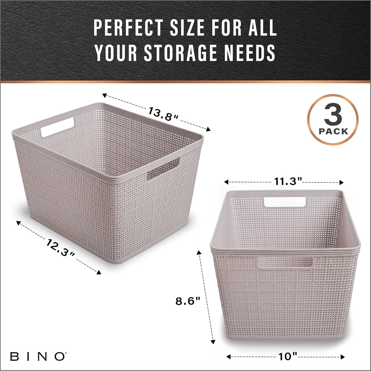 BINO Woven Plastic Basket | Large (Natural), 3-Pack | THE JUTE COLLECTION | Home Organization, Space-Saving Storage, Stylish Design | Plastic Storage Basket
