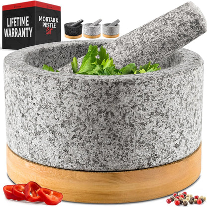 PriorityChef Heavy Duty Mortar and Pestle Set with Bamboo Base, 100% Natural Granite Stone Grinder, Guacamole Bowl and Masher, 1.5 Cups, Black