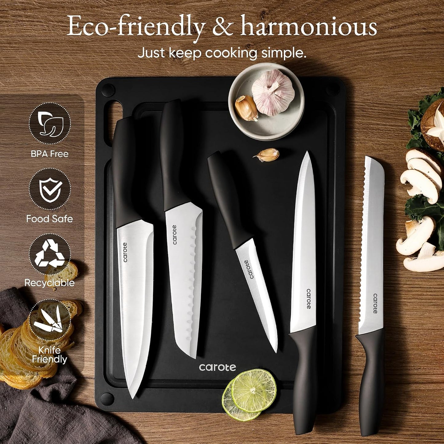 CAROTE Knife Set, 11 Pcs Kitchen Knives with 5 Blade Guards & Non-Slip Cutting Board, Rustproof Stainless Steel 5 Kitchen Knife Set, Plain Black