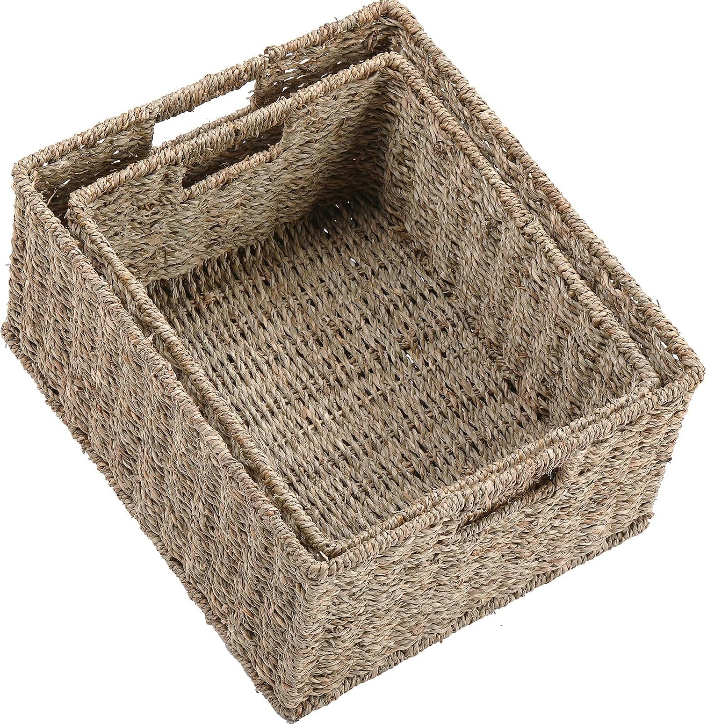 HOONEX Water Hyacinth Storage Baskets, Wicker Baskets for Storage, Hand Woven Baskets with Carry Handles, Set of 2, Natural