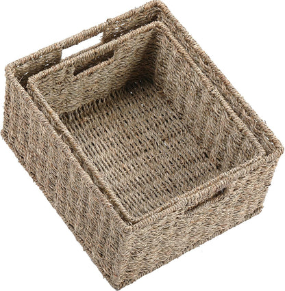 HOONEX Water Hyacinth Storage Baskets, Wicker Baskets for Storage, Hand Woven Baskets with Carry Handles, Set of 2, Natural