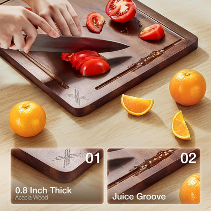Acacia Wood Cutting Board Set of 3 with Stand - Thick Wooden Chopping Boards with Deep Juice Grooves - Non-Slip & Durable Wooden Boards for Meat & Vegetables (16x12, 14x10, 12x8) - Natural