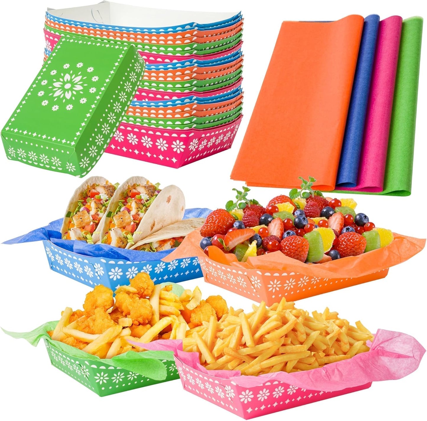 Mexican Taco Nights Food Trays - 120P Mexican Wax Paper Deli Trays Nacho Popcorn Grease Proof Container Unassembled Disposable Carnival Party Supplies Concession Stand Food Containers