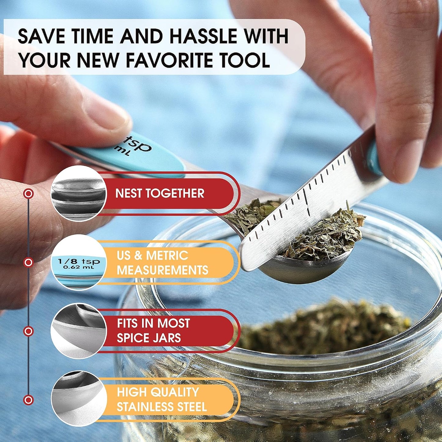 Spring Chef Stainless Steel Magnetic Measuring Spoons Set with Strong N45 Magnets, Heavy Duty Metal Kitchen Gadgets for Baking & Cooking, Fits in Most Kitchen Spice Jars, Set of 8 with Leveler, Black