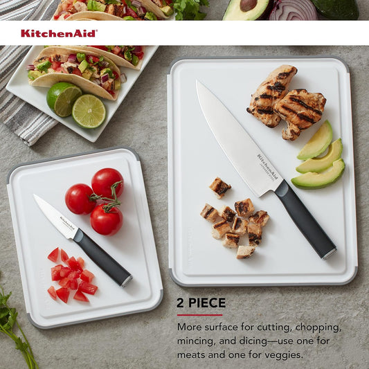 KitchenAid Classic Nonslip 2-Piece Plastic Cutting Board Set with Perimeter Trench and Non Slip Edges, 2-Piece Kitchen Chopping Boards, Dishwasher-Safe, White and Gray