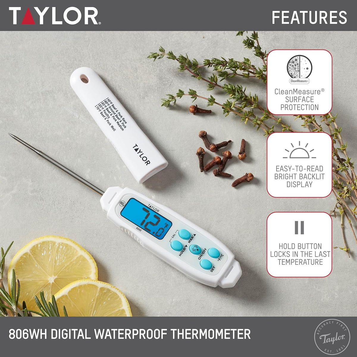 Taylor Digital Instant Read Waterproof Meat Thermometer with Backlight