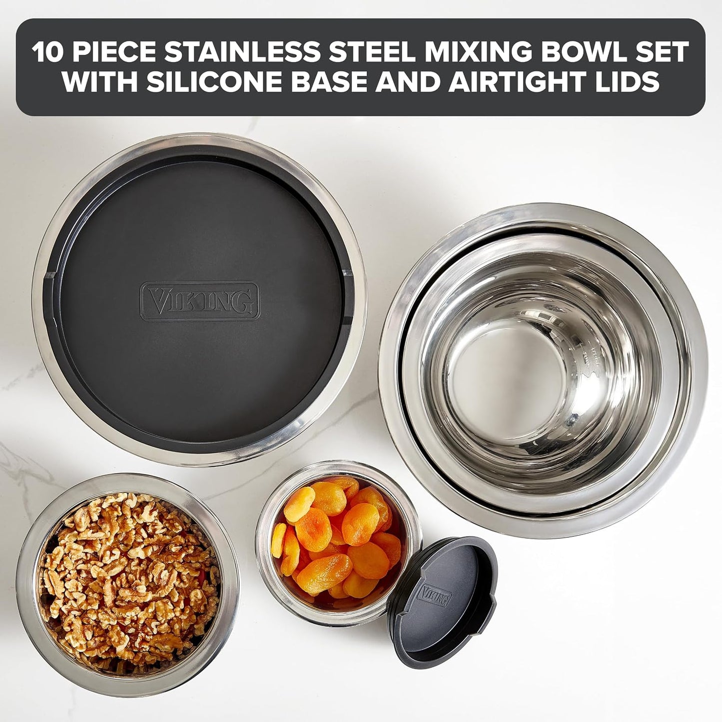 Viking Mixing Bowls Set, 10 Piece Stainless Steel Kitchen Cookware, Non-Slip Silicone Base, Includes Tight Fit Lids, Dishwasher Safe, Grey