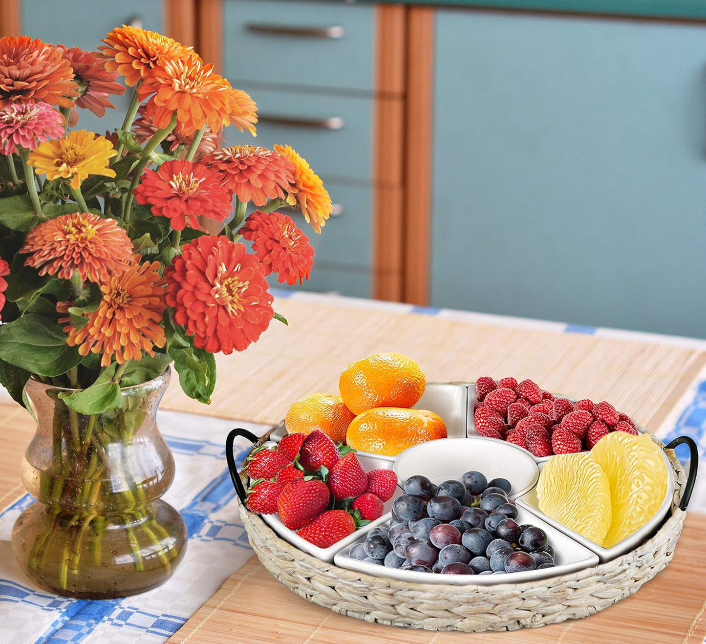 Ceramic Serving Tray, Food Tray 15.5 x 15.5 Inches,Divided Serving Platter with 6 Removable Dishes, Portable Handle Cattail Serving Bowls,Perfect for or Chips and Dip,Natural