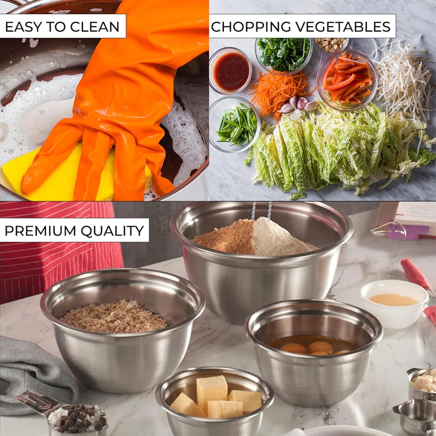 AVADOR Set of 6 Premium Stainless Steel Mixing Bowls Set, Easy To Clean, Space Saving Nestable Design, Great for Cooking, Baking, Prepping (0.75qt, 1.5qt, 3qt, 4qt, 5qt, 8qt)