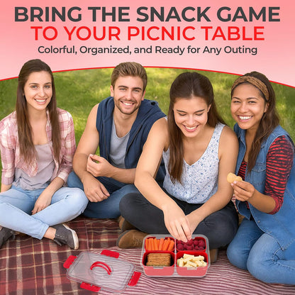 KEYVOZ Snackle Box Container with Lid- Travel Charcuterie Box with Handle - Organizer for Candy, Fruit, Nuts, Veggies, Snacks, Beach Essentials, Portable Lunch Box (Red, Small)