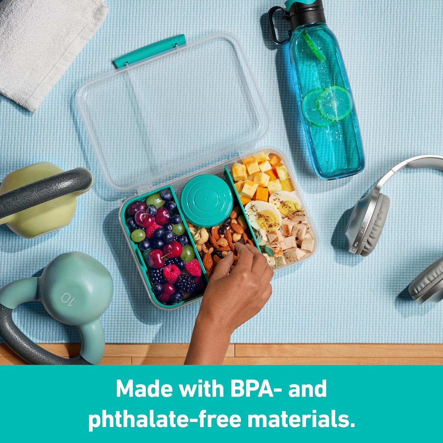 Sistema Bento Box Adult Lunch Box with 3 Compartments, 2 Removable Trays, and Salad Dressing Container, Dishwasher Safe, Color May Vary, 42 oz./1.25L Size (Pack of 4)