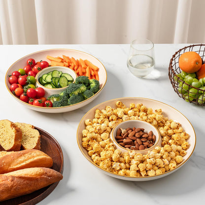 LEHAHA 12.25 inch porcelain Chip and Dip Serving Set, Ceramic Platters for Cheese, Appetizers &Chips Salsa, Fruit and Veggies, Divided Serving Trays for Family Gathering and Parties, Dark Creamy
