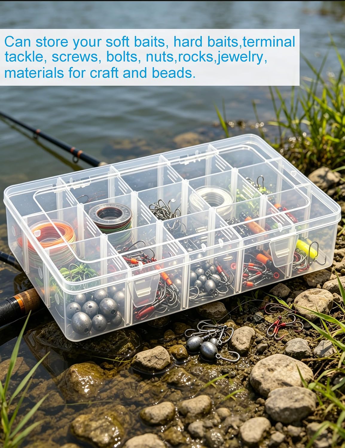 Hlotmeky Plastic Organizer Box with Dividers Bead Organizer 15 Large Grids Tackle box Organizer Clear Snackle Box Container