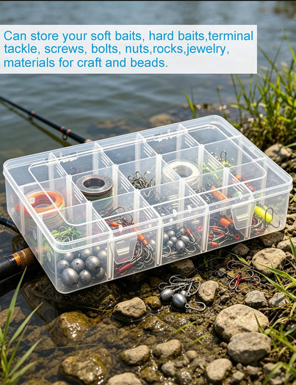 Hlotmeky Plastic Organizer Box with Dividers Bead Organizer 15 Large Grids Tackle box Organizer Clear Snackle Box Container
