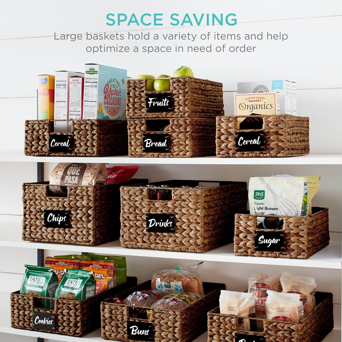 Best Choice Products Set of 4 9x12in Water Hyacinth Pantry Baskets, Woven Organizers w/Chalkboard Label, Chalk Marker - Natural
