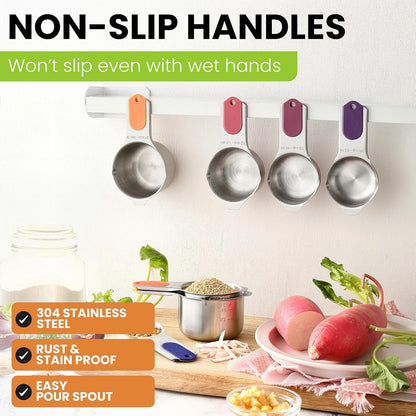 Spring Chef Stainless Steel Measuring Cups Set of 7 with Pour Spout - Nesting Kitchen Tools with Easy Read Markings to Measure Dry or Liquid Ingredients - Metal Measuring Cups for Baking & Cooking