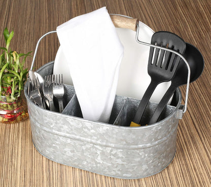 CLEENTABLE Farmhouse Galvanized Metal Utensil Caddy – 4-Compartment Silverware Organizer with Removable Handle for Countertop, Picnic & Party Use (10"x6.5"x5.5", Grey)
