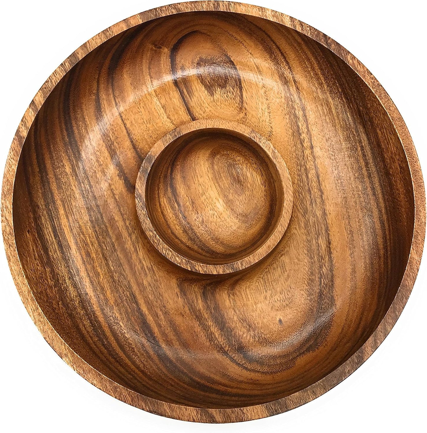 Handcracfted Acacia Wood Chip and Dip Specialty Salsa Bowl Plate Tray 10' D x 1.5" Thick