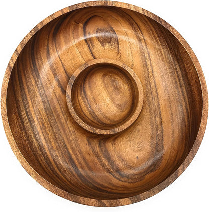 Handcracfted Acacia Wood Chip and Dip Specialty Salsa Bowl Plate Tray 10' D x 1.5" Thick