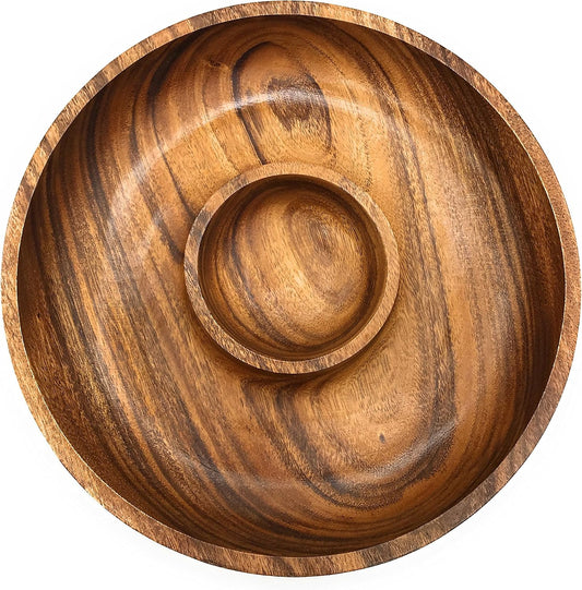 Handcracfted Acacia Wood Chip and Dip Specialty Salsa Bowl Plate Tray 10' D x 1.5" Thick