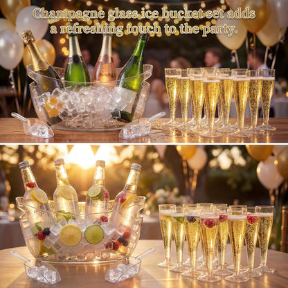 meekoo 104 Pcs Ice Buckets for Parties Set, 2 Pack 5.5l Clear Beverage Tub, 100 Pack 4.5oz Plastic Champagne Flutes, 2 Ice Scoops, Mimosa Bar Drink Supplies for Beer Wine Champagne Juice(Clear)