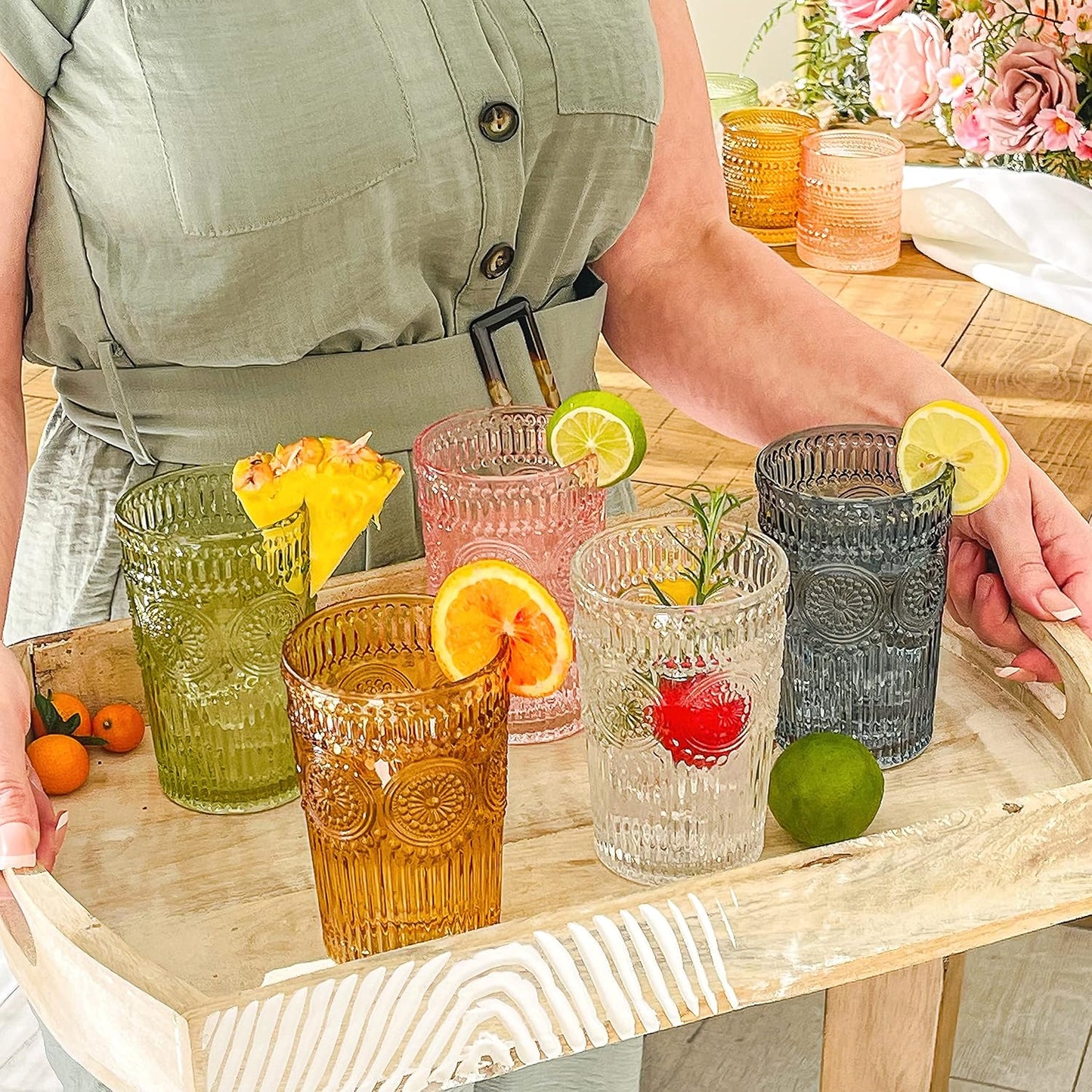 Kate Aspen Vintage Textured Aqua Blue Striped Drinking Glasses Set of 6-13 oz Ribbed Glassware with Flower Design | Cocktail Set, Juice Glass, Water Tumbler