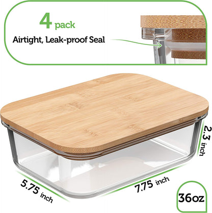 Glass Food Storage Containers with Bamboo Lids (4 Pack, 36 Ounce) Eco Friendly Meal Prep Containers Airtight – Plastic Free, BPA Free