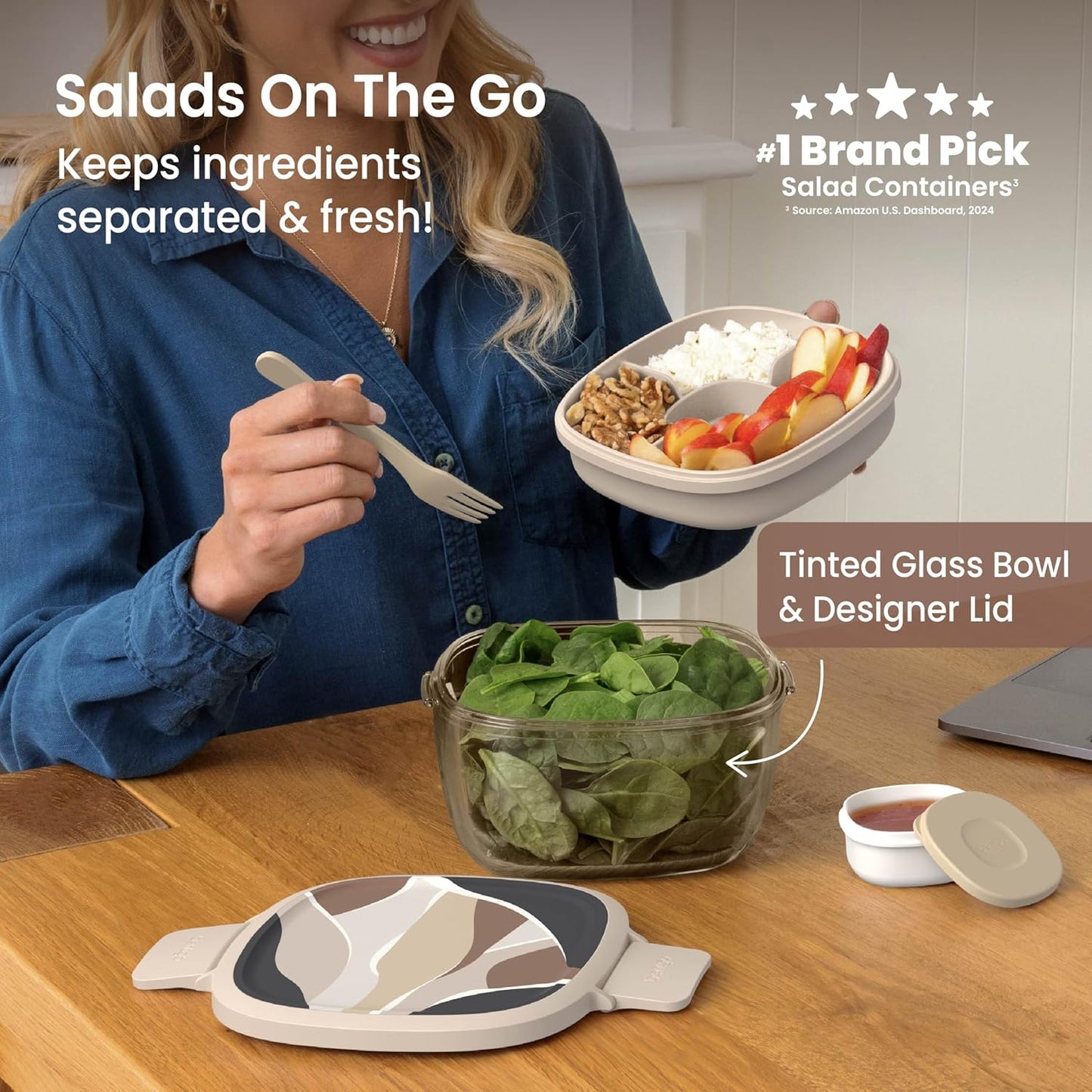 Bentgo Glass Salad Container - 7.6-Cup Salad Bowl with Airtight Lid, Leak-Proof Sauce Container, 4-Compartment Bento Tray & Reusable Fork - BPA-Free for Meal Prep, Office & More (Light Blue)