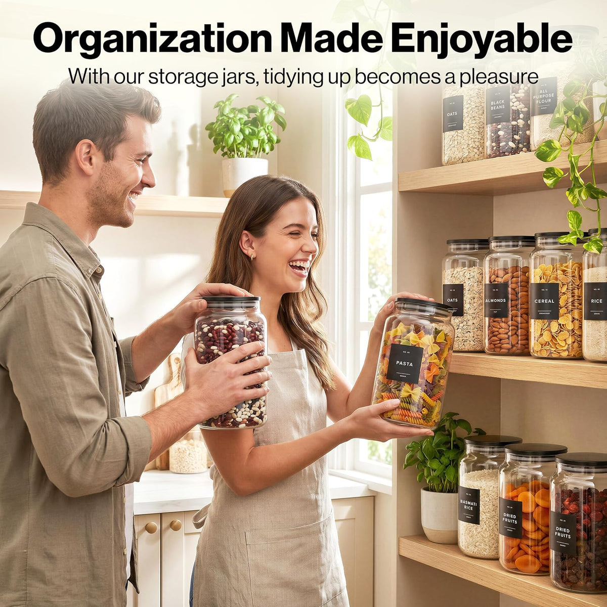 EDELHAUS 2x Large Glass Storage Containers with Airtight Black Lids [135oz/4000ml] | Extra Thick Glass Canisters for Pantry + 63 Labels | Flour Rice Cereal Sugar Coffee Beans Tea