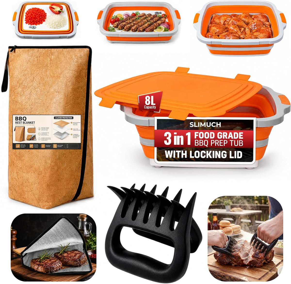 8L BBQ Prep Tub, Cutting Board, Meat Claws & Insulated Resting Bag