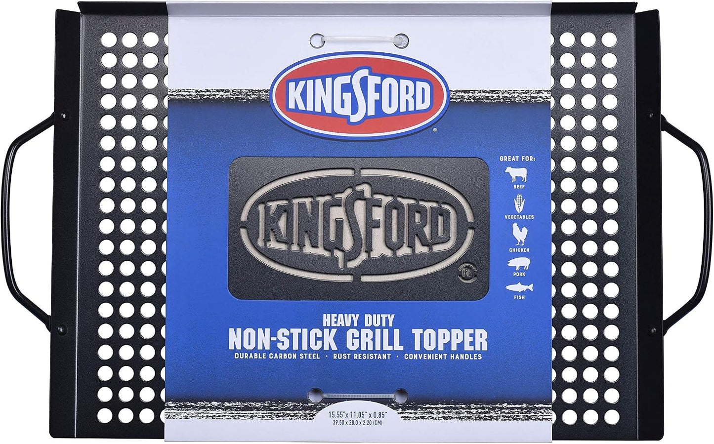 Kingsford Non-Stick Grill Topper Pan, Heavy Duty Carbon Steel BBQ Grilling Tray with Handles, Perforated Surface Helps Keep Small Foods from Falling Through Grates, 15.55 x 11.05 Inch