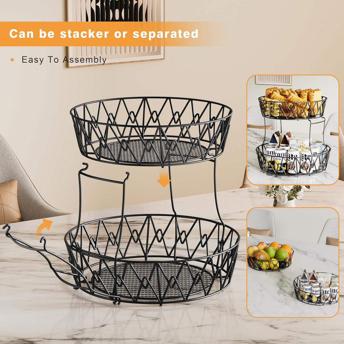 3 Tier Fruit Basket with 2 Banana Hangers for Kitchen Counter | 3-Tier Detachable Design,Metal Wire Construction, Wooden Handle, Large Capacity, Multi-Purpose Organizer,Mesh Basket