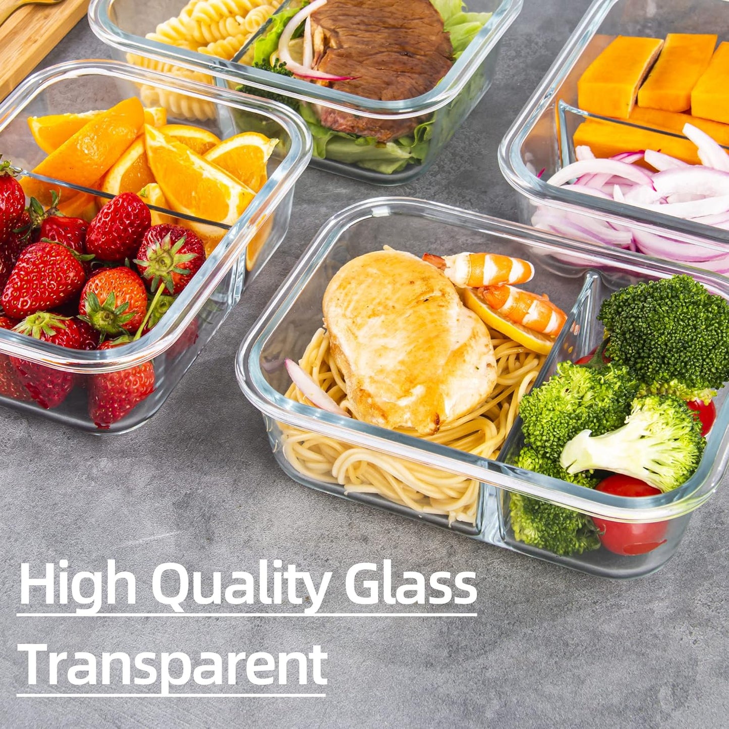 5 Pack Glass Meal Prep Containers 3 Compartment with Lids, Divided Glass Storage Containers with Silicone Sleeve for Lunch, Leak-Proof Portion Control Food Containers, Dishwasher Safe, 34 oz