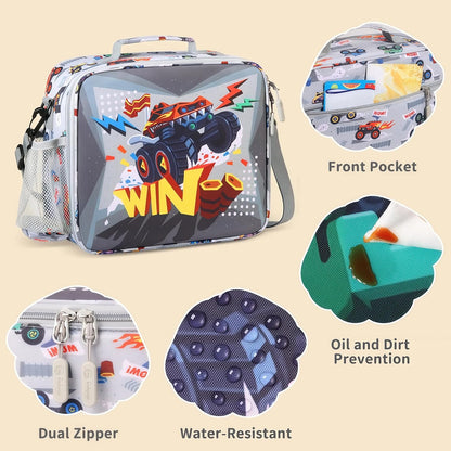 rockpapa Kids Lunch Box Set with 14oz Insulated Water Bottle & Lunch Bag, Leakproof 5.5 Cups Bento Box for School & Children, BPA-Free, Microwave Safe for Boys Girls (Grey Constr Turcks)
